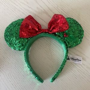 Disney Parks Minnie Mouse Holiday Ears Headband Green Sequin